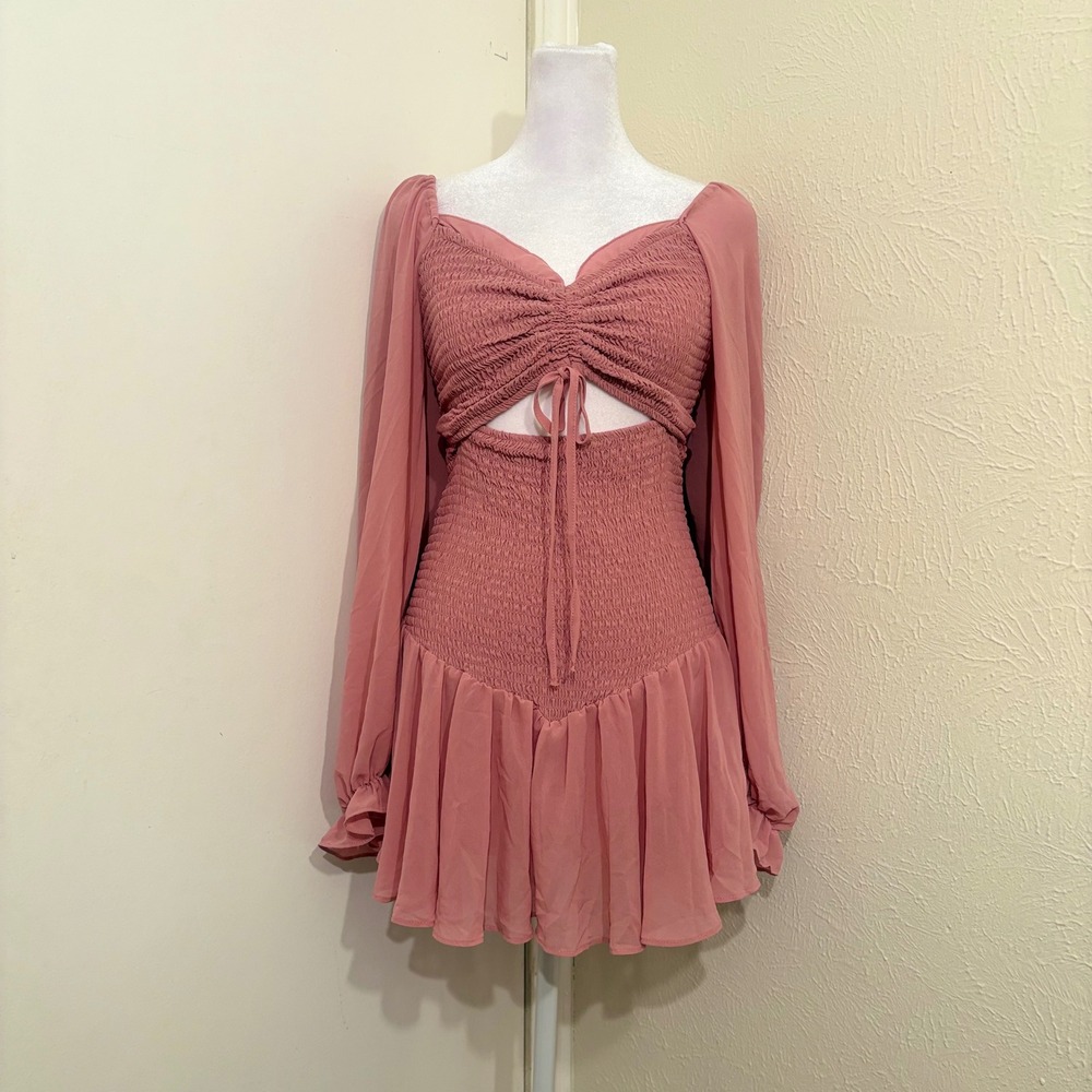 Dusty Rose Pink Smocked Drop Waist Mini Dress Long Sleeve Cutout Ruffle Hem L